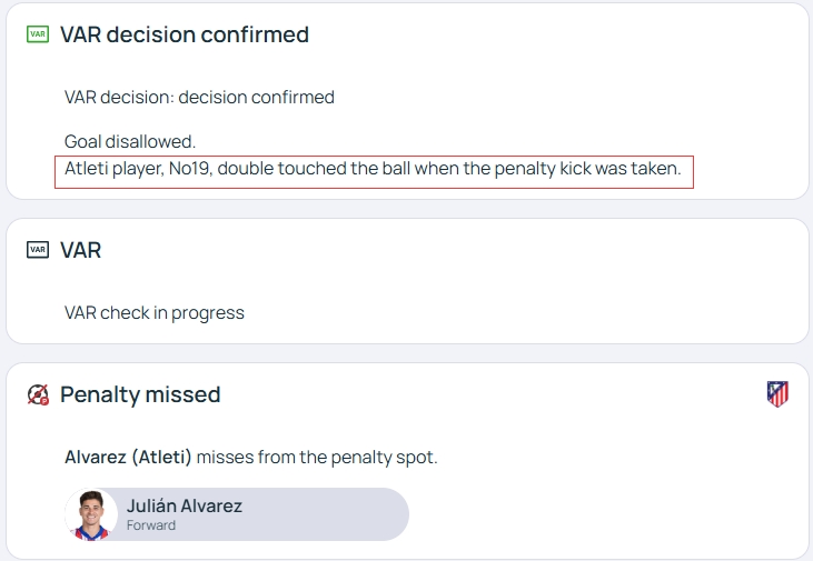 官方明確！歐冠官網(wǎng)：阿爾瓦雷斯罰點(diǎn)時(shí)2次觸球，VAR決定進(jìn)球無(wú)效